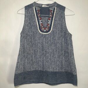 THML Blue & White Boho Striped Embroidered Neck Lightweight Tank Top Size Small